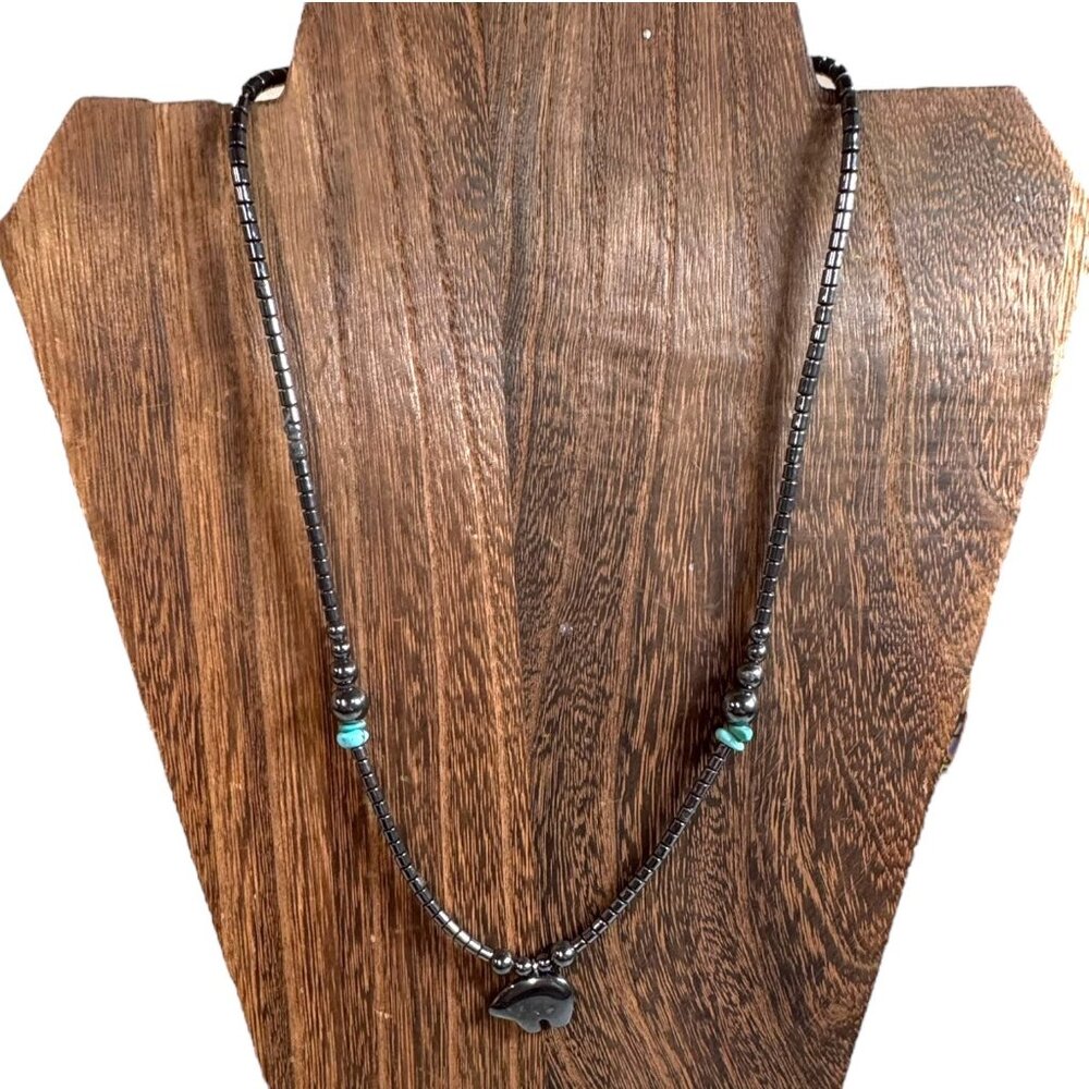 Hematite Turquoise Beaded Necklace Bear Pendant 19" Handcrafted Southwestern Vtg - Picture 2 of 7